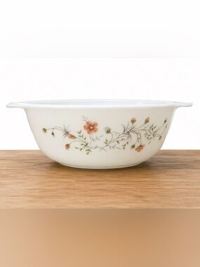 Vintage Pyrex England Emily Casserole Dish Spring Garden Coral Floral Milk Glass